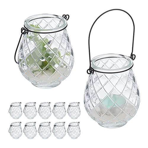 Relaxdays Windlicht, 12er Set, Glas, mit Henkel, HxD: 10 x 8,5 cm, innen & außen, Teelichthalter, transparent/schwarz von Relaxdays