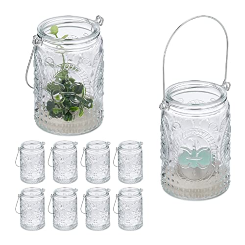Relaxdays Windlicht, 12er Set, Glas mit Henkel, innen & außen, 10,5 x 7 cm, Hochzeit Teelichthalter, transparent/Silber von Relaxdays