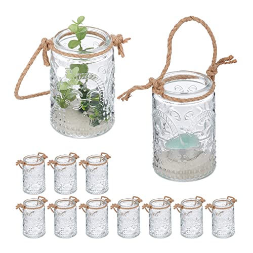 Relaxdays Windlicht, 12er Set, Glas mit Henkel, innen & außen, 10,5 x 7 cm, Hochzeit Teelichthalter, transparent/braun von Relaxdays