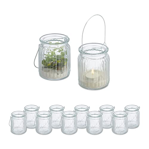 Relaxdays Windlicht, 12er Set, Glas mit Henkel, innen & außen, 9,5 x 8 cm, Hochzeit Teelichthalter, transparent/Silber von Relaxdays