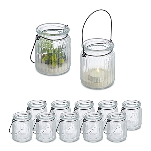 Relaxdays Windlicht, 12er Set, Glas mit Henkel, innen & außen, 9,5 x 8 cm, Hochzeit Teelichthalter, transparent/schwarz von Relaxdays