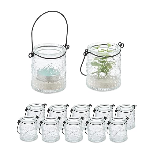 Relaxdays Windlicht, 12er Set, Glas mit Henkel, innen & außen, HxD: 7x6 cm, Hochzeit Teelichthalter, transparent/schwarz von Relaxdays