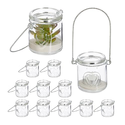 Relaxdays Windlicht, 12er Set, Glas mit Henkel, innen & außen, HxD: 7x6 cm, Teelichthalter Hochzeit, transparent/Silber von Relaxdays