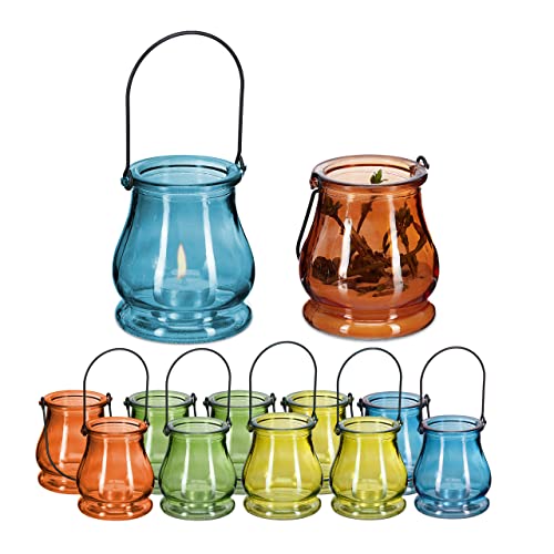 Relaxdays Windlicht, 12er Set, aus Glas, Henkel zum Aufhängen, innen & außen, Teelichthalter, HxD 10x8,5 cm, Mehrfarbig von Relaxdays