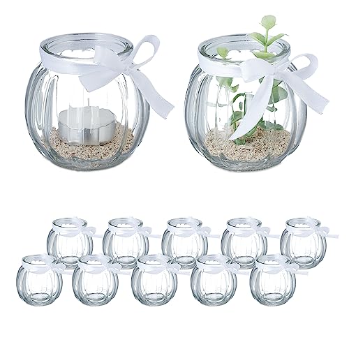 Relaxdays Windlicht, 12er Set, aus Glas, Teelichtgläser mit Schleife, innen & außen, Teelichthalter Deko, transparent von Relaxdays