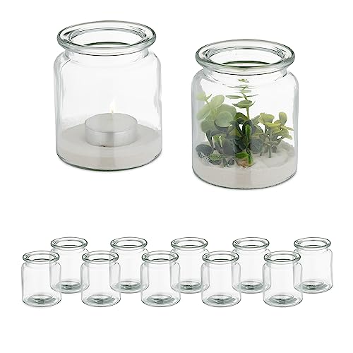 Relaxdays Windlicht, 12er Set, aus Glas, innen & außen, HxD: 9,5 x 8 cm, runde Teelichthalter, Hochzeit, transparent von Relaxdays