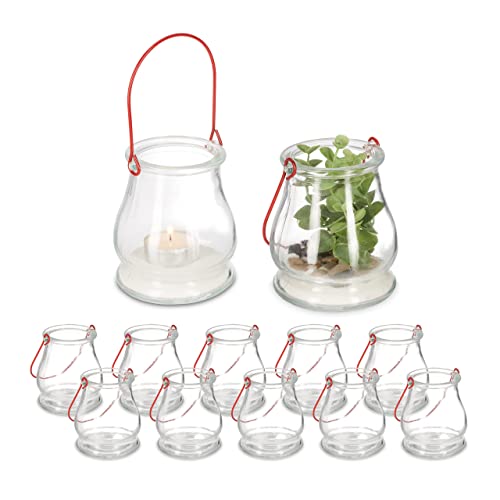 Relaxdays Windlicht, 12er Set, aus Glas, mit Henkel, innen & außen, Teelichthalter, HxD: 10 x 8,5 cm, transparent/rot von Relaxdays