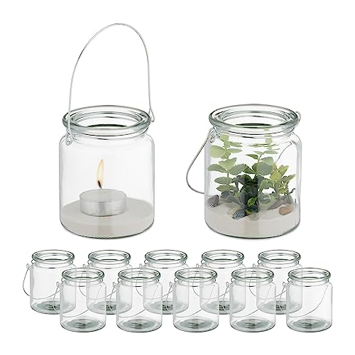 Relaxdays Windlicht Glas, 12er Set, Teelichthalter mit Henkel, HxD: 9,5 x 8 cm, runde Kerzengläser, transparent/Silber von Relaxdays