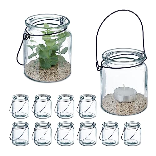 Relaxdays Windlicht Glas, 12er Set, Teelichthalter mit Henkel, HxD: 9,5 x 8 cm, runde Kerzengläser, transparent/schwarz von Relaxdays