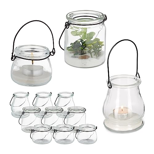 Relaxdays Windlicht Glas, 12er Set, Teelichthalter mit schwarzem Henkel, 3 versch. Größen, Kerzenglas, rund, transparent von Relaxdays