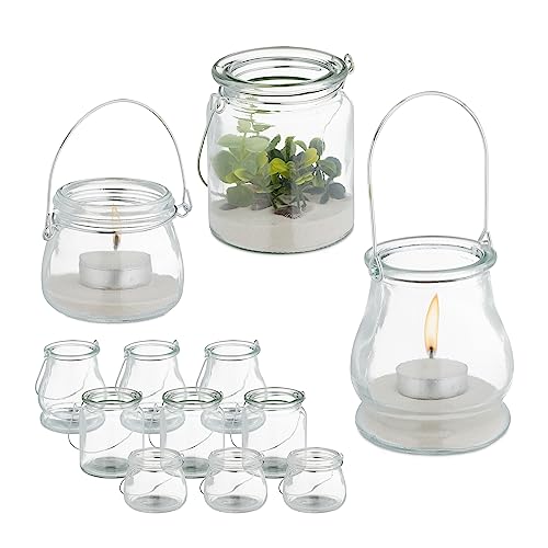 Relaxdays Windlicht Glas, 12er Set, Teelichthalter mit silbernem Henkel, 3 versch. Größen, Kerzenglas, rund, transparent von Relaxdays