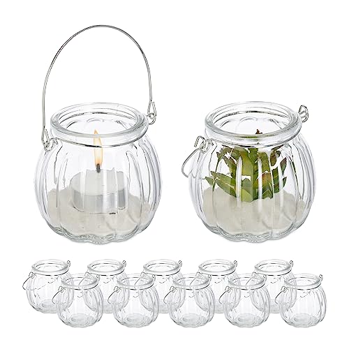 Relaxdays Windlicht Glas, 12er Set, Teelichthalter mit silbernem Henkel, HxD: 7,5 x 8 cm, Kerzenglas, rund, transparent von Relaxdays