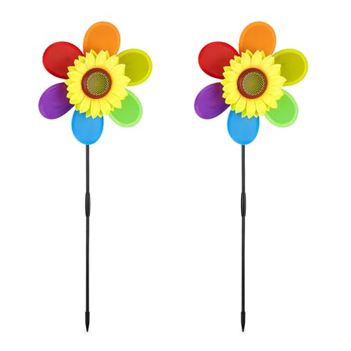 Relaxdays Windrad Blume, 2er Set, Deko Gartenstecker für Balkon, Terrasse & Garten, HBT 71 x 27 x 8 cm, Regenbogen, bunt von Relaxdays