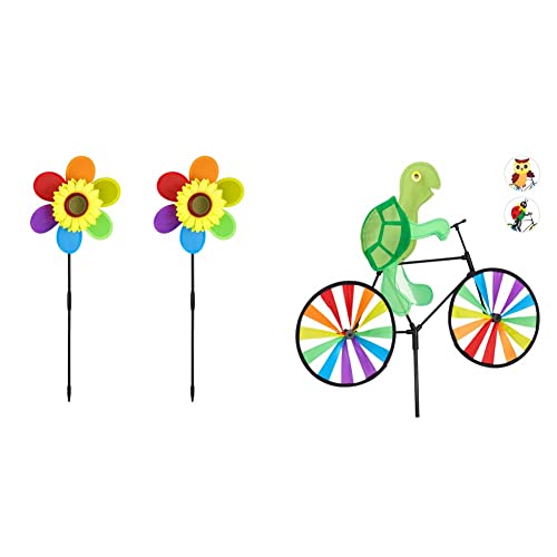 Relaxdays Windrad Blume, 2er Set & Windrad Schildkröte, Gartenstecker in tierischem Design, Kinder, Balkon oder Terrasse, 82 cm hoch, Mehrfarbig von Relaxdays