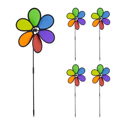 Relaxdays Windrad Blume, 5er Set, Deko Gartenstecker für Balkon, Terrasse & Garten, HBT 66 x 27 x 7 cm, Regenbogen, bunt von Relaxdays