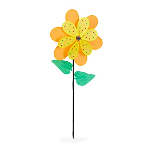 Relaxdays Windrad Blume, Windspiel Stecker für Garten & Balkon, HBT 84 x 36 x 11 cm, Windmühle für Kinder, orange/gelb von Relaxdays
