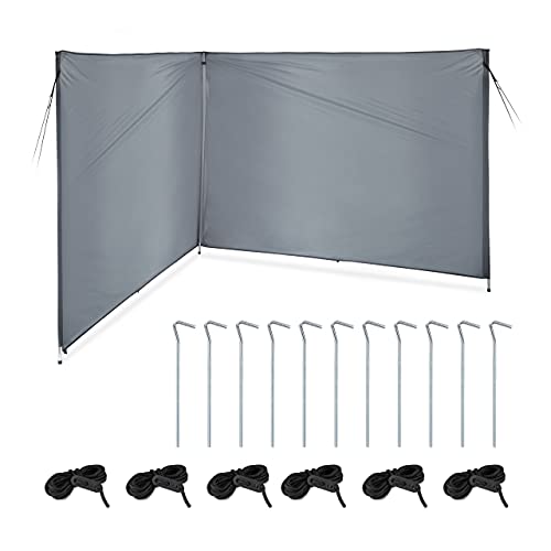 Relaxdays Windschutz, Sichtschutz Camping & Strand, HxB: 1,5 x 4 m, Stahlstangen, Polyester, mit Heringen & Seilen, grau von Relaxdays