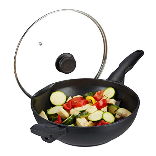 Relaxdays Wok Pfanne mit Glasdeckel 30 cm, Griffe, Antihaftbeschichtung, für Induktion, Gas-, Elektroherd, 4 l, schwarz von Relaxdays