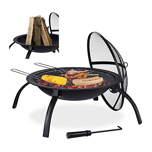 Relaxdays XL Feuerschale, Grill Rost, Schürhaken, Funkenschutz Deckel, Garten, Terrasse, Feuerstelle D 56,5 cm, schwarz von Relaxdays