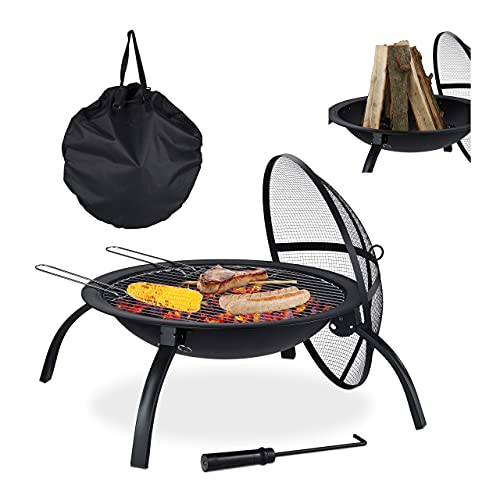 Relaxdays XL Feuerschale, mit Tasche, Grill Rost, Schürhaken, Funkenschutz Deckel, Garten, Terrasse, D 56,5 cm, schwarz von Relaxdays