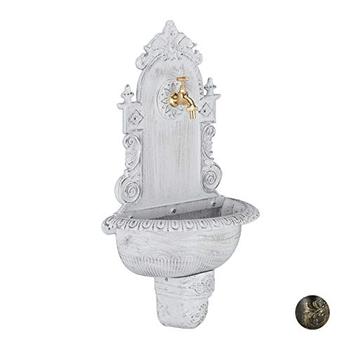 Relaxdays XL Wandbrunnen antik, mit Wasserhahn, nostalgisch, Waschbecken Garten, Aluguss, HBT 75 x 44 x 22 cm, weiß von Relaxdays