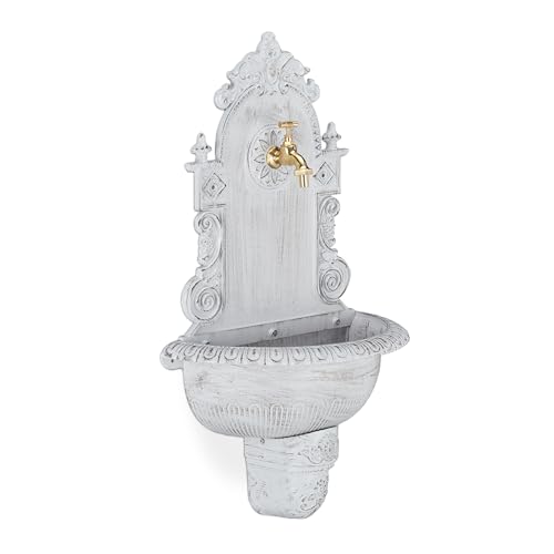 Relaxdays XL Wandbrunnen antik, mit Wasserhahn, nostalgisch, Waschbecken Garten, Aluguss, HBT 75 x 44 x 22 cm, weiß von Relaxdays