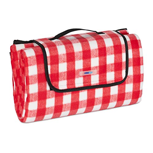 Relaxdays XXL Picknickdecke, 200 x 200 cm, Fleece Stranddecke, wärmeisoliert, wasserdicht, mit Tragegriff, rot/weiß von Relaxdays