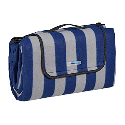 Relaxdays XXL Picknickdecke, 200x200, Fleece Stranddecke, wärmeisoliert, wasserdicht, Badedecke, Tragegriff, blau-grau von Relaxdays