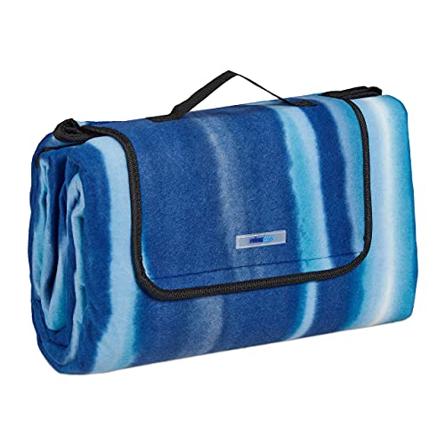 Relaxdays XXL Picknickdecke, 200x200 cm, Fleece Stranddecke, gestreift, wärmeisoliert, wasserdicht, alubeschichtet, blau von Relaxdays