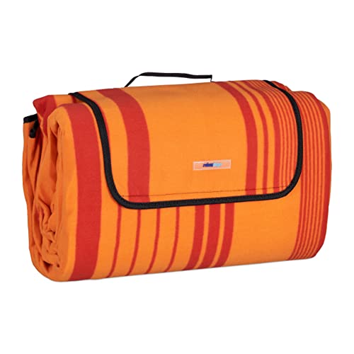 Relaxdays XXL Picknickdecke, 200x300 cm, isoliert, wasserdicht, gestreifte Fleece Stranddecke, Tragegriff, orange/rot von Relaxdays