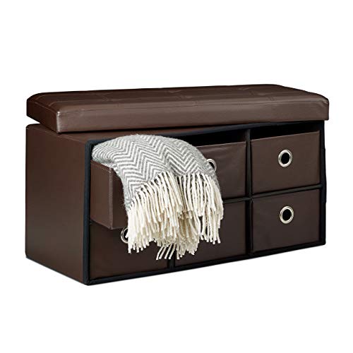 Relaxdays faltbare Sitzbank mit Stauraum in 6 entnehmbaren Fächern HBT: 38 x 76 x 38 cm Sitztruhe aus Kunstleder zum Falten mit Aufbewahrung Ottomane mit entnehmbaren Körben Sitzhocker, braun von Relaxdays