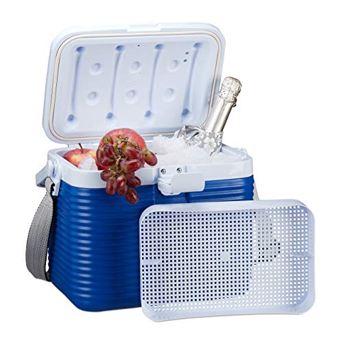 Relaxdays kleine Kühlbox, mit Griff, Tragegurt, Kunststoff Kühltasche, ohne Strom, 8 l, HBT 23,5 x 31 x 21 cm, weiß-blau von Relaxdays