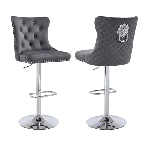 Relbiety Barhocker 2er Set Höhenverstellbar Bistrohocker mit Rückenlehne,Barstühle 360° Drehbar Tresenhocker aus Samt für Theke,Kücheninsel,Bar,Dunkelgrau+Silber von Relbiety