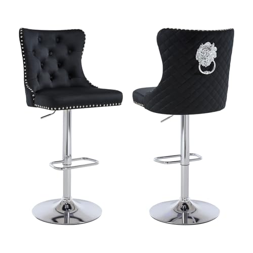 Relbiety Barhocker 2er Set Höhenverstellbar Bistrohocker mit Rückenlehne,Barstühle 360° Drehbar Tresenhocker aus Samt für Theke,Kücheninsel,Bar,Schwarz+Silber von Relbiety