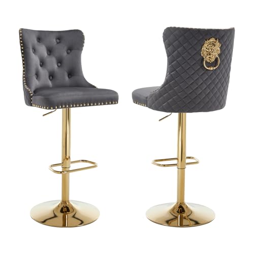 Relbiety Barhocker 2er Set Höhenverstellbar Bistrohocker mit Rückenlehne,Barstühle 360° Drehbar Tresenhocker aus Samt für Theke,Kücheninsel,Bar,Dunkelgrau+Gold von Relbiety
