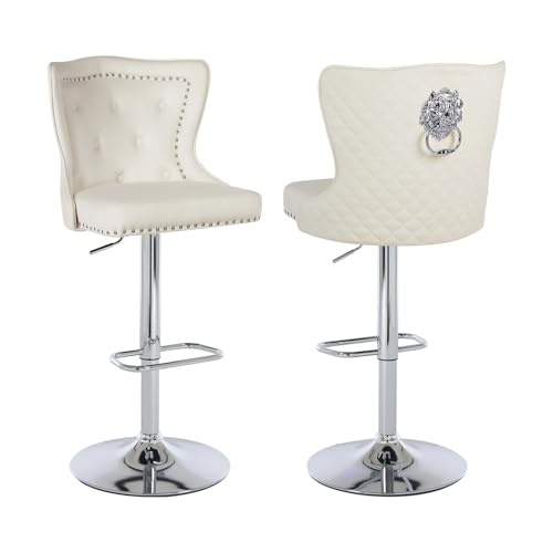 Relbiety Barhocker 2er Set Höhenverstellbar aus Samt, Barstuhl mit Lehne 360° Drehbar Tresenhocker für Bars, Küchentheken oder Home-Bars,Cremeweiß von Relbiety