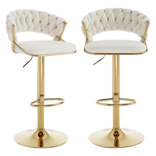 Relbiety Barhocker 2er Set Höhenverstellbar Barstühle 360° drehbar,Barhocker mit Rückenlehne Bistrohocker aus Samt Küchenhocker für Bar,Theke,Bistro,Cremeweiß von Relbiety