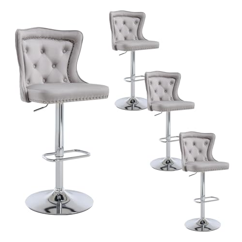 Relbiety Barhocker 4er Set mit Lehne,Drehbare Barhocker Höhenverstellbar aus Samt,Barstuhl Küchenhocker für Theke,Kücheninsel,Bar,Grau von Relbiety