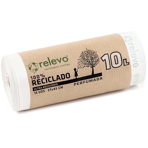 Relevo 15 Stück Müllbeutel 10 L - Parfümiert 100% Recycelt Müllsäcke mit Zugband von Relevo