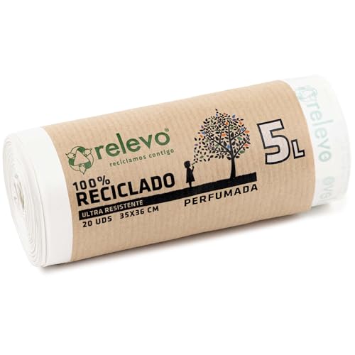 Relevo 20 Stück Müllbeutel 5 L - Parfümiert 100% Recycelt Müllsäcke mit Zugband von Relevo
