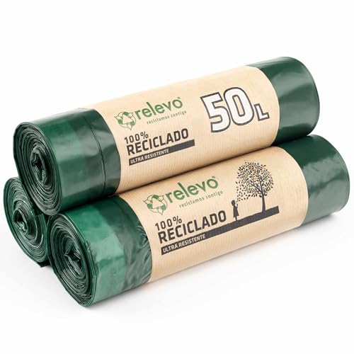 Relevo 30 Stück Müllbeutel 50 L - 100% Recycelt Müllsäcke mit Zugband von Relevo