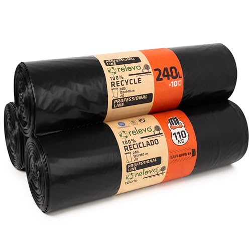 Relevo 30 Stück á 240 Liter Schwerlast-Müllsäcke LDPE 55 μm Stärke - Belastbarkeit 110 Kilogramm, Industriell, Schwarz von Relevo