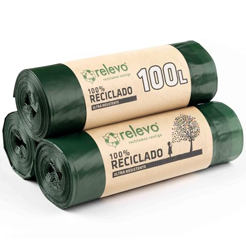 Relevo 30 Stück Müllbeutel 100 L - 100% Recycelt Müllsäcke mit Zugband von Relevo