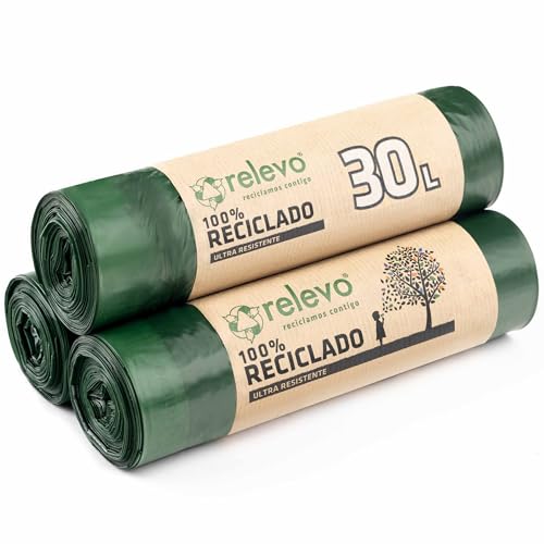 Relevo 45 Stück Müllbeutel 30 L - 100% Recycelt Müllsäcke mit Zugband von Relevo