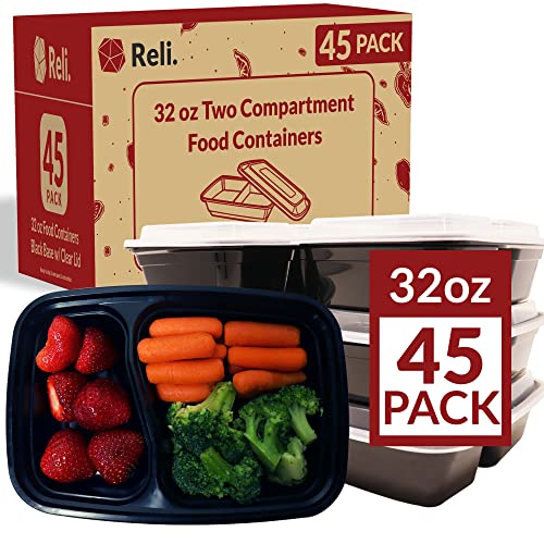 Reli. Meal Prep Container, 900 ml, 45 Stück, 2 Fächer, Lebensmittelbehälter mit Deckel, Schwarz, wiederverwendbare Bento-Box/Lunchbox-Behälter für Lebensmittel/Mahlzeitenvorbereitung von Reli.