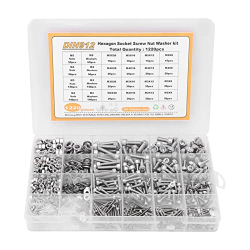 1220pcs Edelstahlschraubmutter Waschmaschine Sortiment | M2 M3 M4 M5 Hex Socket Fastener Kit | Runde Kopfschrauben für Elektronik/Geräte/DIY -Projekte | DIN912 Standard von Reliant Jazzy