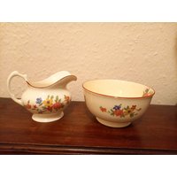 Vintage Farbe Blumenpflanze Toskaner China Art Deco Sahnekännchen Und Zuckerdose von RelicVintageUK