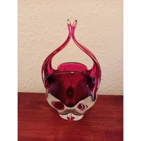 Vintage Mid Century Joseph Hospodka Rosa Rote Katzen Kopf Kunst Glasvase von RelicVintageUK