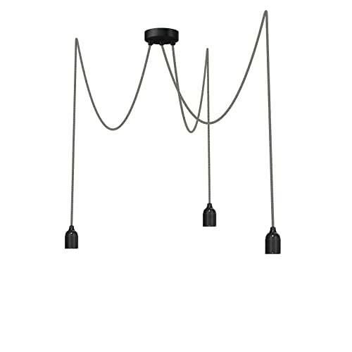 Relight Pendelleuchte 3-flammig Kraken (höhenverstellbar), E27 Lampenfassungen aus Bakelit, 3x 1.5 Meter Textilkabel Leinen-Schwarz Zick Zack von Relight