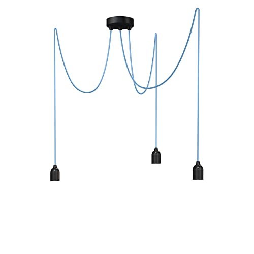 Relight Pendelleuchte 3-flammig Kraken (höhenverstellbar), E27 Lampenfassungen aus Bakelit, 3x 1.5 Meter Textilkabel Hellblau von Relight